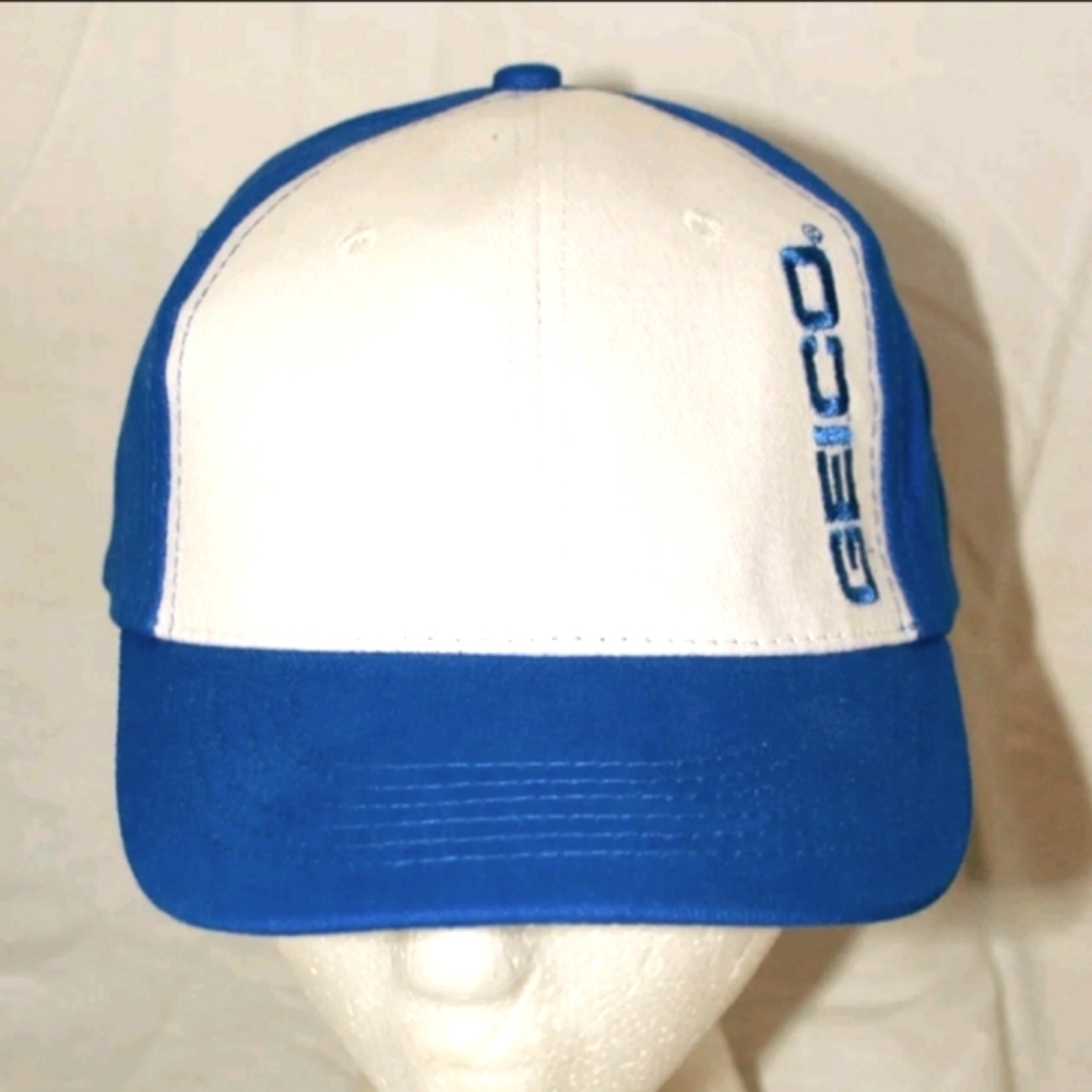 White & Blue Geico Gecko Auto Insurance Baseball Cap Hat New Sz OSFM NOS 2018